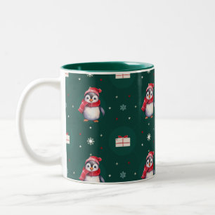 ペンギンサンタグリーンハッピーメリークリスマスパターン ツートーンマグカップ