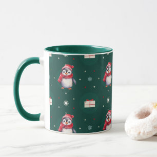 ペンギンサンタグリーンハッピーメリークリスマスパターン マグカップ