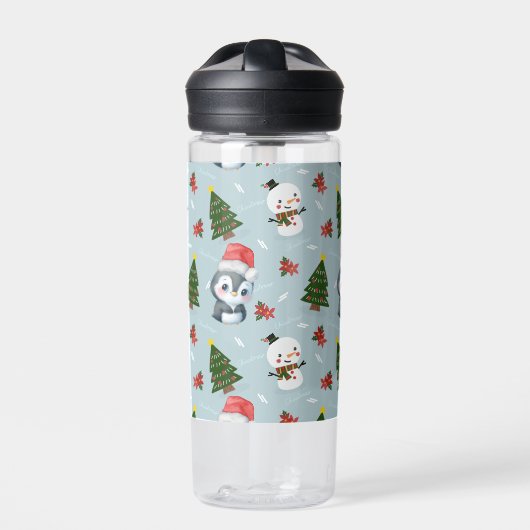 ペンギンサンタハッピーメリークリスマスツリーパターン ウォーターボトル (正面)
