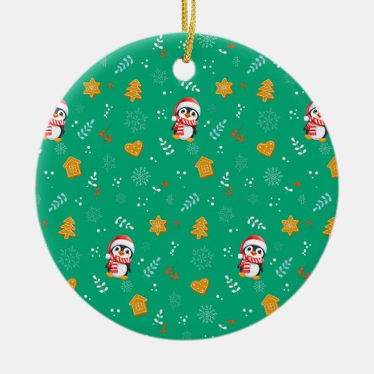 ペンギンサンタハッピーメリークリスマスツリーパターン セラミックオーナメント (正面)
