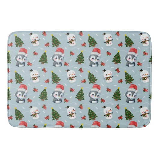 ペンギンサンタハッピーメリークリスマスツリーパターン バスマット (正面)