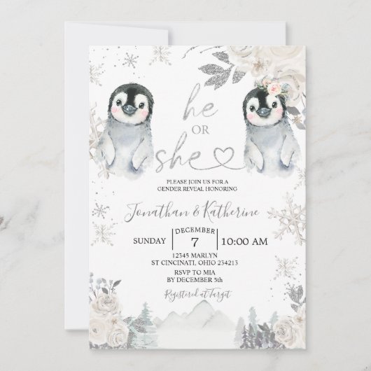 ペンギンジェンダーが冬の雪片を明らかにする 招待状 (正面)