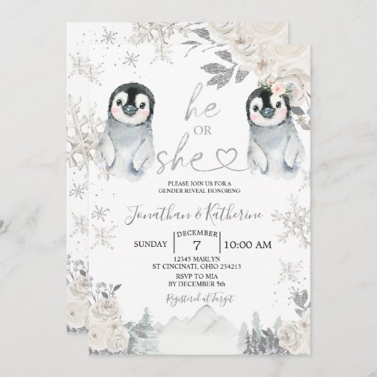ペンギンジェンダーが冬の雪片を明らかにする 招待状 (正面/裏面)