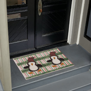 ペンギンストライプクリスマスMatt Doormat ドアマット