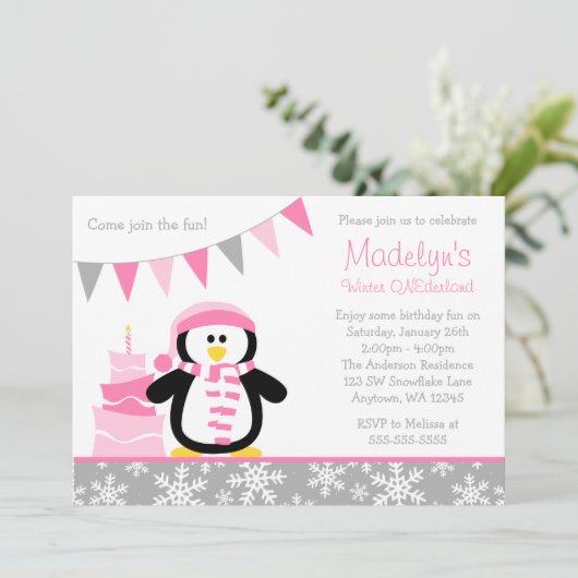 ペンギンスノーフレークスピンクウィンターオネダーランド誕生日 招待状 (スタンド正面)