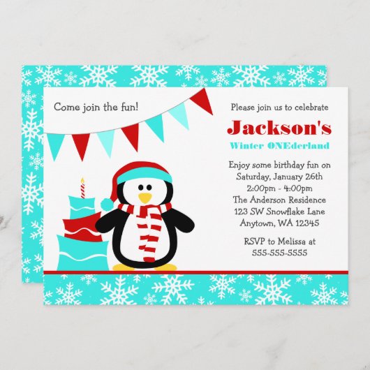 ペンギンスノーフレークティール(緑がかった色)ウィンターオンダーランド誕生日 招待状 (正面/裏面)
