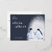 ペンギンズシルバーウィンターエレガントウェディングRSVP 箔招待状ポストカード (正面/裏面)