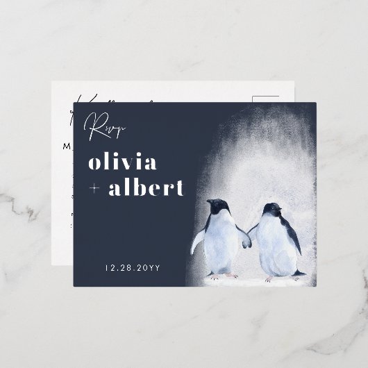 ペンギンズシルバーウィンターエレガントウェディングRSVP 箔招待状ポストカード (正面/裏面)