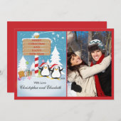 ペンギンズハッピーカップルホリデークリスマスフォトカード 招待状 (正面/裏面)