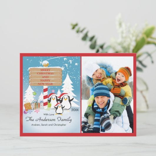 ペンギンズファミリー3ホリデークリスマスフォトカード 招待状 (スタンド正面)