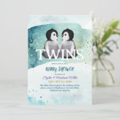 ペンギンツインウィンターテーマ男の赤ちゃんシャワー 招待状 (スタンド正面)