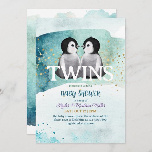 ペンギンツインウィンターテーマ男の赤ちゃんシャワー 招待状 (正面/裏面)