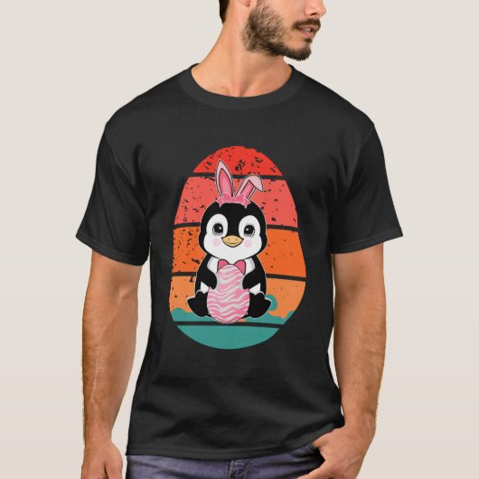 ペンギンバニーハッピーイースターエッグレトロメンズウィメンズキ Tシャツ (正面)