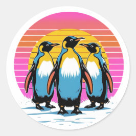 ペンギンパレード – レトロサンセットペンギンファミリー ラウンドシール