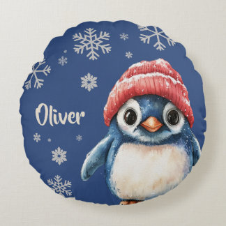 ペンギンパーソナライズされたクリスマススノーフレーク ラウンドクッション