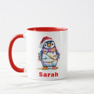 ペンギンパーソナライズされたクリスマスライト名前をカスタムする マグカップ