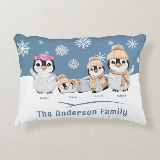 ペンギンパーソナライズされたファミリーホリデー アクセントクッション (正面)