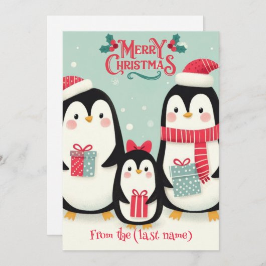 ペンギンパーソナライズされたメリークリスマス シーズンカード (正面/裏面)