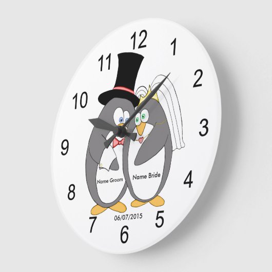 ペンギンパーソナライズされた結婚ラブ時計 ラージ壁時計 (傾斜)