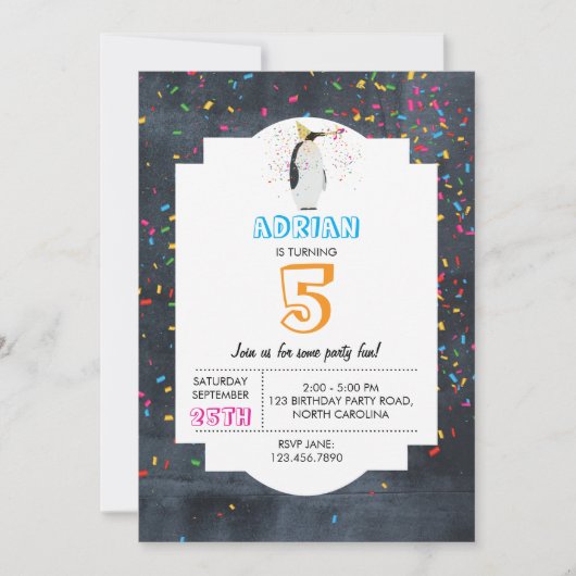 ペンギンパートリング – 動物パーティーボーイガール誕生日 招待状 (正面)