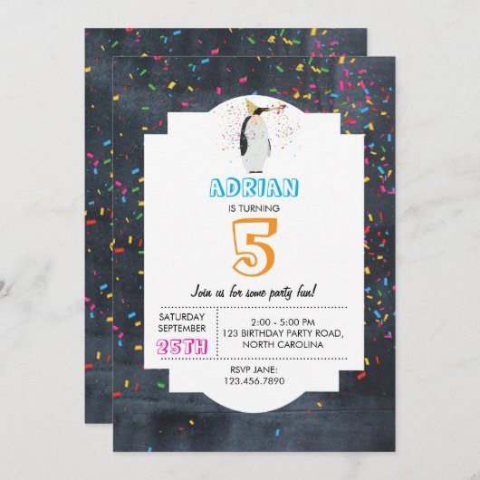 ペンギンパートリング – 動物パーティーボーイガール誕生日 招待状 (正面/裏面)