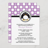 ペンギンパープル水玉模様ベビーシャワー招待状 招待状 (正面/裏面)