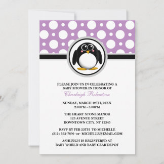 ペンギンパープル水玉模様ベビーシャワー招待状 招待状