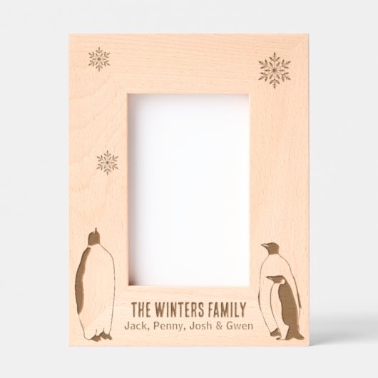 ペンギンファミリーポートレートスノーフレークホリデーナーズ レーザー彫刻フレーム (正面)