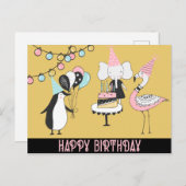 ペンギンフラミンゴゾウ誕生日カード ポストカード (正面/裏面)