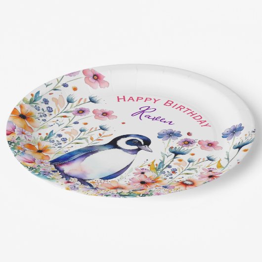 ペンギンフラワーズガールズ誕生日 パーソナライズされた ペーパープレート (アングル)