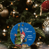 ペンギンブルー背景ベビーの初めてのクリスマス セラミックオーナメント