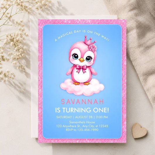 ペンギンプリンセスの女の子1歳の誕生日招待状 招待状