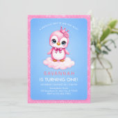 ペンギンプリンセスの女の子1歳の誕生日招待状 招待状 (スタンド正面)