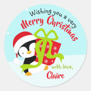 ペンギンプレゼントクリスマスステッカー ラウンドシール