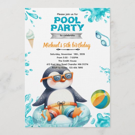 ペンギンプールパーティー 誕生日招待状 招待状 (正面)