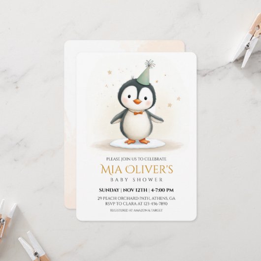 ペンギンベビーシャワー招待状 招待状 (正面/裏面インサイチュ)