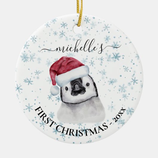 ペンギンベビー初めてのクリスマスモノグラム名 セラミックオーナメント (正面)