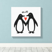 ペンギンホールディングハンズカワイカップルカスタムイニシャル キャンバスプリント (インサイチュ (ウッドフロア))