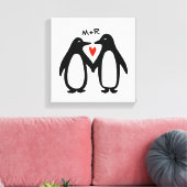 ペンギンホールディングハンズカワイカップルカスタムイニシャル キャンバスプリント (インサイチュ (リビング))