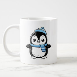 ペンギンマグカップ 冬のかわいいデザイン | 帽子とマフラーをしたペンギン ジャンボコーヒーマグカップ