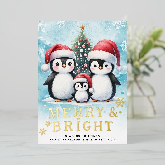 ペンギンメリーファミリー&ブライトブルーレッドクリスマス 箔シーズンカード (立ち正面)