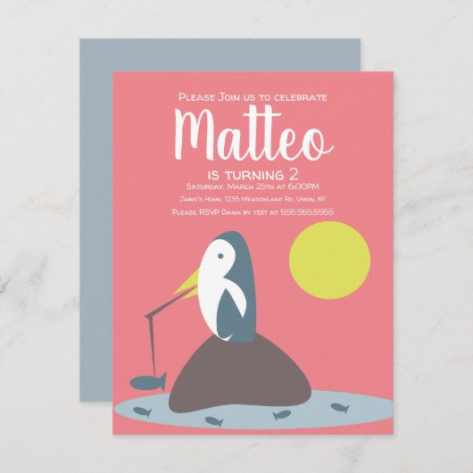 ペンギンモダン魚釣り女子航海の誕生日 招待状 (正面/裏面)