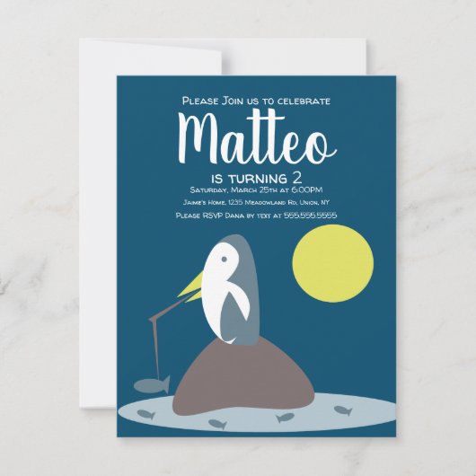 ペンギンモダン魚釣り航海の海誕生日 招待状 (正面)