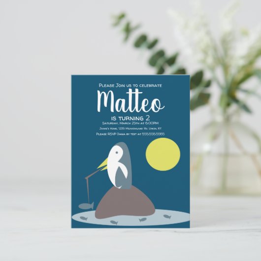 ペンギンモダン魚釣り航海の海誕生日 招待状 (スタンド正面)