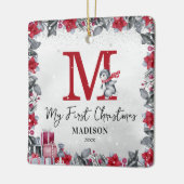 ペンギンモノグラムベビー統計初めてのクリスマス セラミックオーナメント (左)