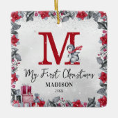 ペンギンモノグラムベビー統計初めてのクリスマス セラミックオーナメント (正面)