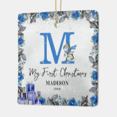 ペンギンモノグラムベビー統計初めてのクリスマス セラミックオーナメント (左)