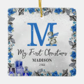 ペンギンモノグラムベビー統計初めてのクリスマス セラミックオーナメント (正面)