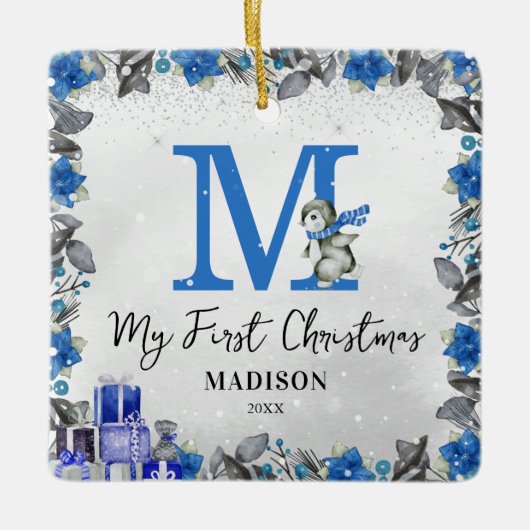 ペンギンモノグラムベビー統計初めてのクリスマス セラミックオーナメント (正面)
