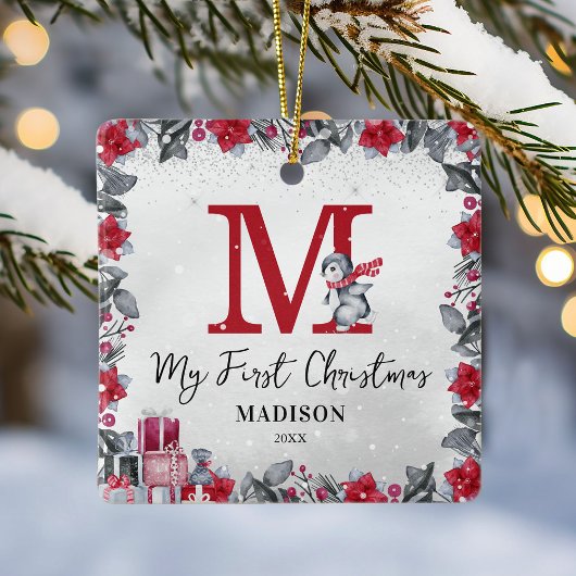 ペンギンモノグラムベビー統計初めてのクリスマス セラミックオーナメント